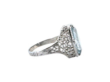 Art Deco Aquamarine Filigree Cocktail Ring 14K White Gold