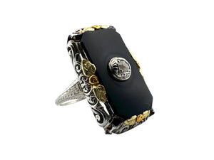 Art Deco TriGold Onyx & Diamond Cocktail Ring 18K