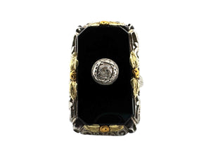 Art Deco TriGold Onyx & Diamond Cocktail Ring 18K