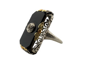 Art Deco TriGold Onyx & Diamond Cocktail Ring 18K