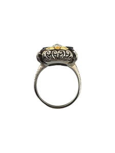 Art Deco TriGold Onyx & Diamond Cocktail Ring 18K