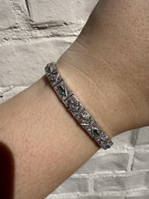 Vintage Art Deco Diamond & Emerald Filigree Bracelet 14K White Gold