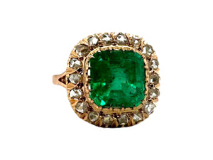 Victorian Era Rose Gold Colombian Emerald & Rose Cut Diamond Ring GIA