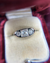 Vintage Art Deco Black Enamel Three Stone Old Mine Cut Diamond Ring