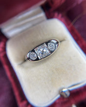 Vintage Art Deco Black Enamel Three Stone Old Mine Cut Diamond Ring
