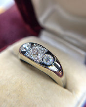 Vintage Art Deco Black Enamel Three Stone Old Mine Cut Diamond Ring