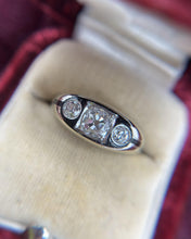 Vintage Art Deco Black Enamel Three Stone Old Mine Cut Diamond Ring