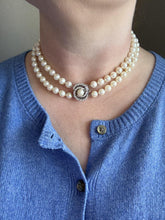 Vintage Double Strand Pearl Necklace White Gold Diamond Clasp