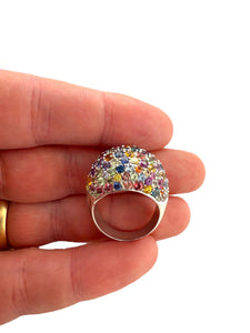 18K White Gold Rainbow Sapphire Dome Ring