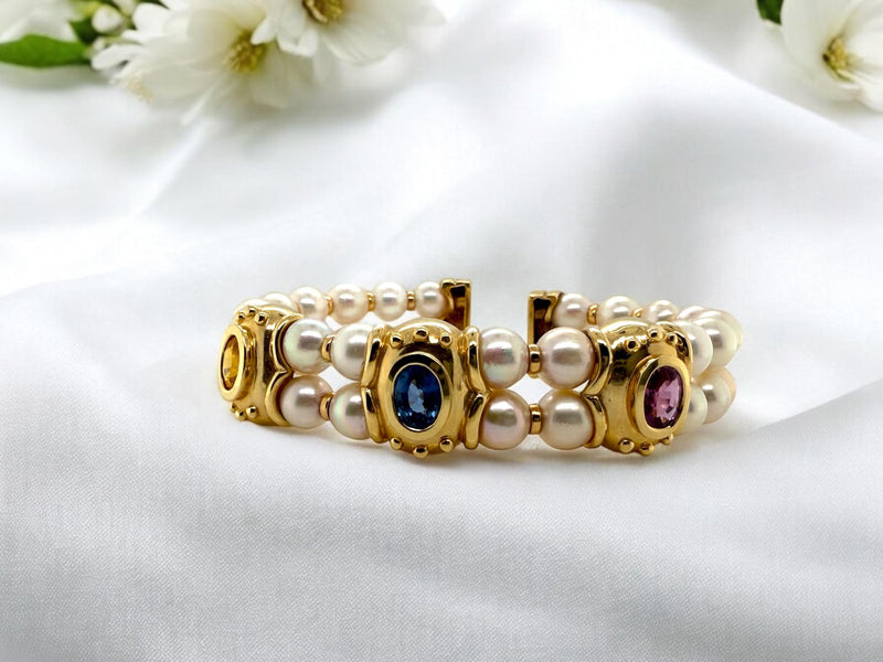 Cultured Pearls Pearl And Sapphire Bracelet 14K Yellow Gold Pearl