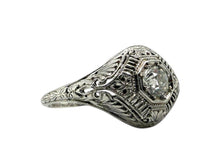 Art Deco Filigree Old European Cut Diamond Ring 18K White Gold