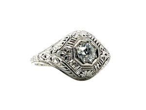 Art Deco Filigree Old European Cut Diamond Ring 18K White Gold