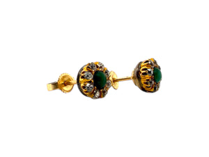 Dainty Antique Turquoise & Old Mine Cut Diamond Stud Earrings 14K Yellow Gold