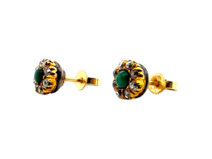 Dainty Antique Turquoise & Old Mine Cut Diamond Stud Earrings 14K Yellow Gold