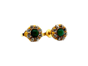Dainty Antique Turquoise & Old Mine Cut Diamond Stud Earrings 14K Yellow Gold
