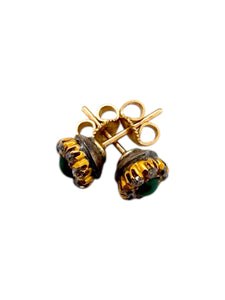 Dainty Antique Turquoise & Old Mine Cut Diamond Stud Earrings 14K Yellow Gold
