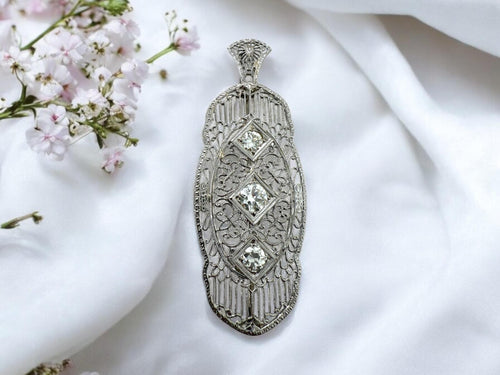 Vintage 1 Carat Diamond Filigree Brooch Pendant Combo 14K White Gold