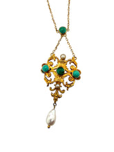 Vintage Turquoise & Pearl 18K Yellow Gold Necklace