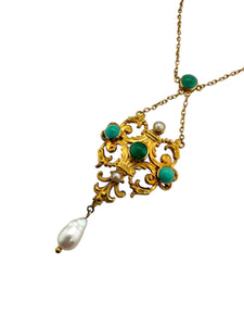 Vintage Turquoise & Pearl 18K Yellow Gold Necklace