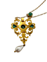 Vintage Turquoise & Pearl 18K Yellow Gold Necklace