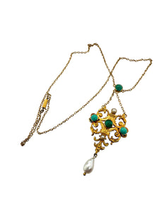 Vintage Turquoise & Pearl 18K Yellow Gold Necklace