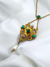 Vintage Turquoise & Pearl 18K Yellow Gold Necklace