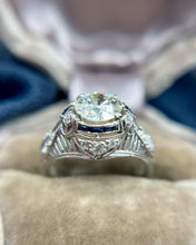 Vintage Art Deco 1.37 Carat Old European Diamond & Sapphire Engagement Ring GIA