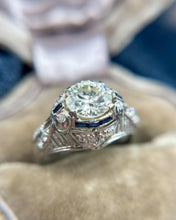 Vintage Art Deco 1.37 Carat Old European Diamond & Sapphire Engagement Ring GIA