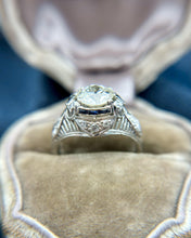 Vintage Art Deco 1.37 Carat Old European Diamond & Sapphire Engagement Ring GIA