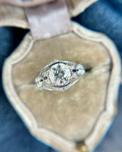 Vintage Art Deco 1.37 Carat Old European Diamond & Sapphire Engagement Ring GIA
