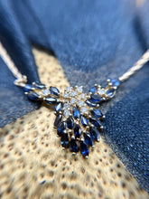 Vintage Sapphire & Diamond Cluster Necklace 14K Yellow Gold