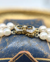 Vintage Double Strand Pearl Bracelet Sapphire & Diamond 14K Yellow Gold