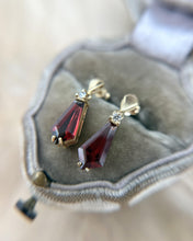 Vintage Garnet & Diamond Dangle Earrings 14K Yellow Gold