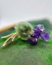 Vintage 14k Yellow Gold Carved Amethyst and Jade Brooch