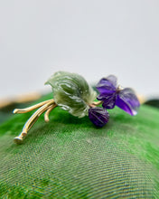 Vintage 14k Yellow Gold Carved Amethyst and Jade Brooch