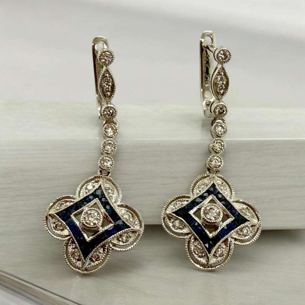 Art Deco Styled Diamond & Sapphire Drop Earrings