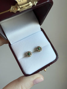 Dainty Antique Turquoise & Old Mine Cut Diamond Stud Earrings 14K Yellow Gold