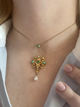 Vintage Turquoise & Pearl 18K Yellow Gold Necklace