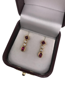 Contemporary Estate 18K Yellow Gold Ruby & Diamond Dangle Earrings