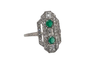 Art Deco Emerald & Carre Cut Diamond Platinum Cocktail Ring