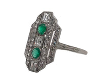 Art Deco Emerald & Carre Cut Diamond Platinum Cocktail Ring