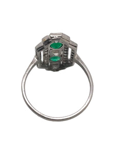 Art Deco Emerald & Carre Cut Diamond Platinum Cocktail Ring