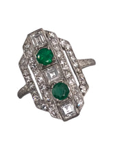 Art Deco Emerald & Carre Cut Diamond Platinum Cocktail Ring