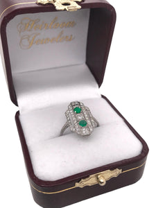 Art Deco Emerald & Carre Cut Diamond Platinum Cocktail Ring