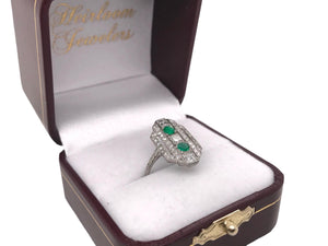 Art Deco Emerald & Carre Cut Diamond Platinum Cocktail Ring