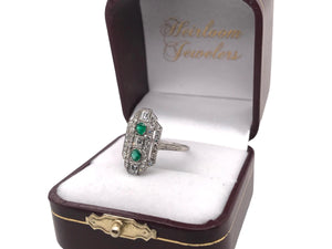 Art Deco Emerald & Carre Cut Diamond Platinum Cocktail Ring