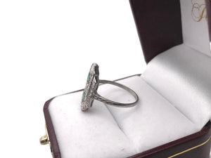 Art Deco Emerald & Carre Cut Diamond Platinum Cocktail Ring