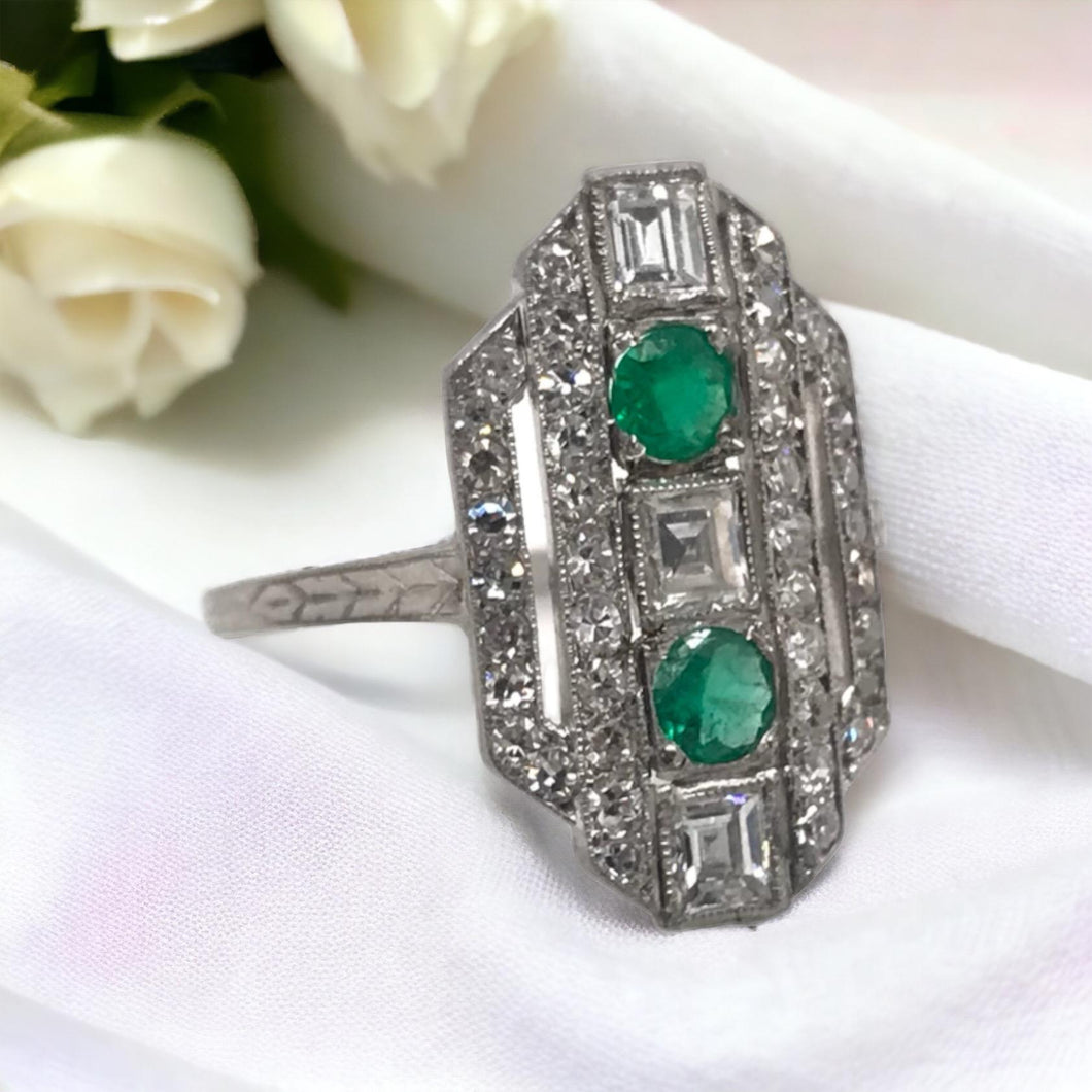 Art Deco Emerald & Carre Cut Diamond Platinum Cocktail Ring