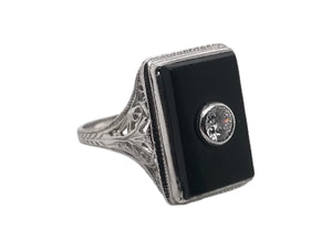 18K White Gold Art Deco Onyx & Diamond Cocktail Ring