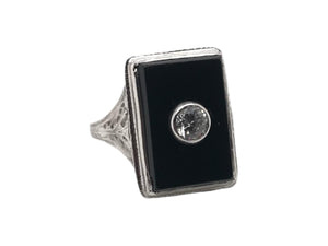 18K White Gold Art Deco Onyx & Diamond Cocktail Ring